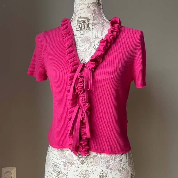 J Crew Silk/Cashmere Blend Ruffle Crop Button Front Short Sleeve Cardigan - Picture 2 of 10